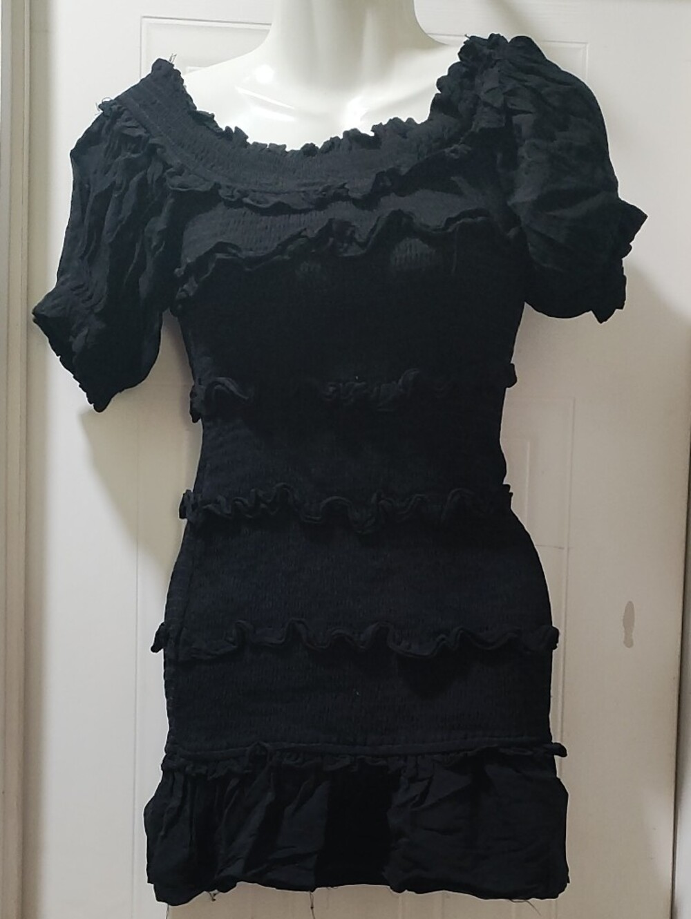 The Impeccable Pig Black Off-Shoulder Ruffle Mini Dress - Picture 2 of 10